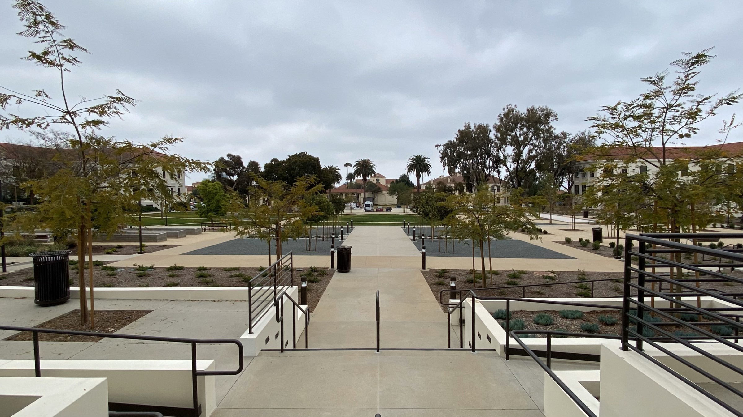 Landscape plateau, view from Building 208, showing new paved pathways and landscaping